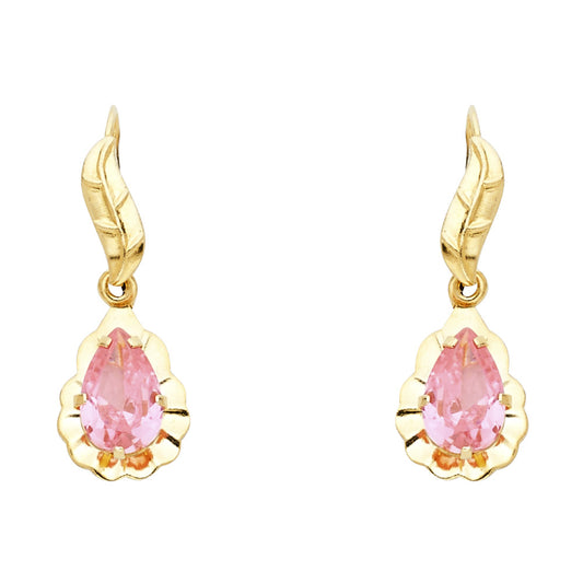 14K Yellow Gold Pink CZ Leaf Pear Drop Hanging Earrings