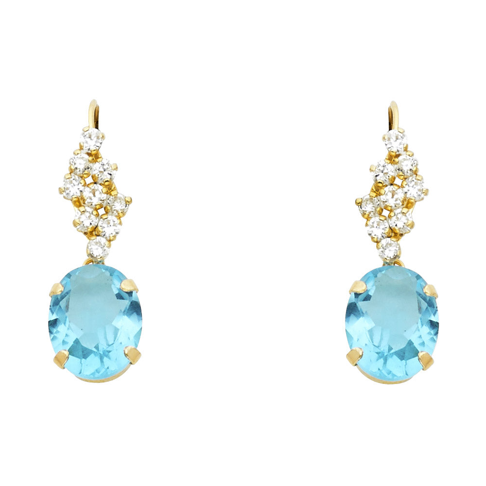 14K Yellow Gold Blue CZ Oval Drop Hanging Earrings