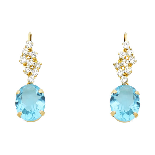 14K Yellow Gold Blue CZ Oval Drop Hanging Earrings