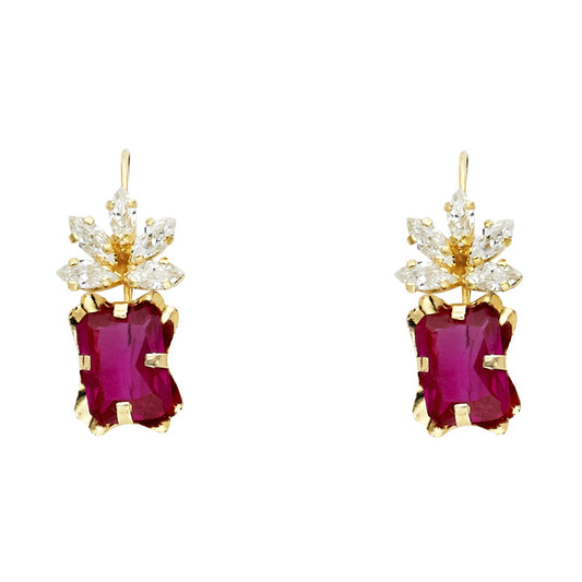 14K Yellow Gold Red CZ Hanging Earrings