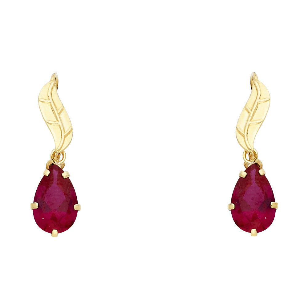 14K Yellow Gold Red CZ Leaf Hanging Earrings