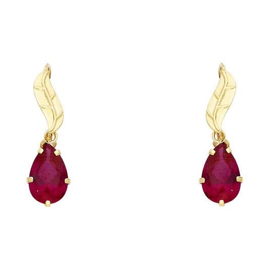 14K Yellow Gold Red CZ Leaf Hanging Earrings