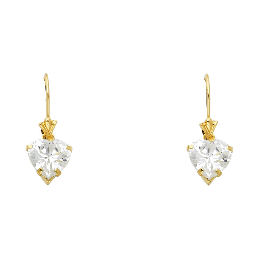 14K Yellow Gold CZ Heart Hanging Earrings