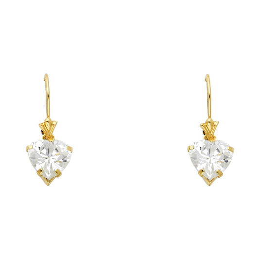 14K Yellow Gold CZ Heart Hanging Earrings