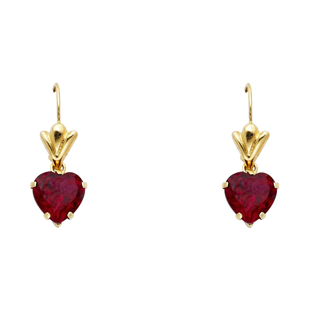 14K Yellow Gold Red CZ Heart Hanging Earrings