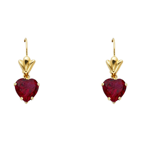 14K Yellow Gold Red CZ Heart Hanging Earrings